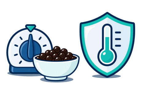 Spot illustration of a timer beside a bowl of tapioca pearls, set apart from a shield and a thermometer.