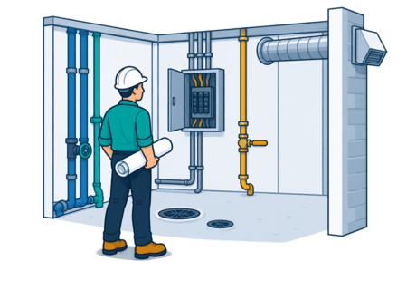 Illustration of an empty shopfront interior with exposed plumbing, an electrical panel, a gas line and a dryer exhaust duct, with a contractor reviewing plans.