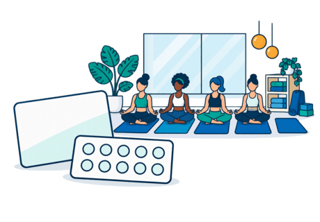 Illustration of a membership card and a class pass next to a yoga room with a limited row of mats, most occupied.