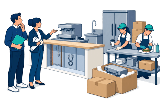 A cafe operator examines unfinished premises and watches a drink-and-food handover trial, checking fit-out needs alongside the proposed workflow.