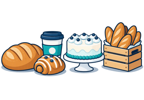 Spot illustration of a loaf, a breakfast pastry with a coffee cup, a celebration cake and a stacked wholesale delivery crate arranged side by side.