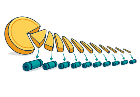 A single membership coin divided into many small slices that flow towards a growing row of class visit tokens.