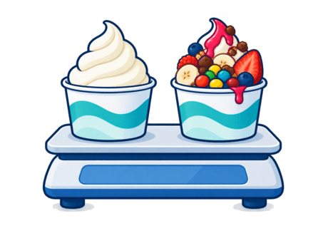 Two frozen yoghurt cups of equal weight on a scale: one is mostly yoghurt and the other is heaped with toppings.