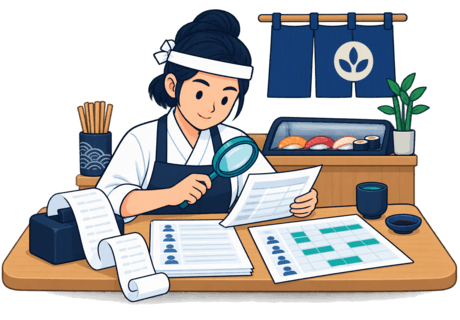 Illustration of a buyer comparing a POS receipt roll, payroll sheets and a staff roster on a table.