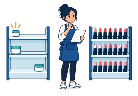 A shop owner looking at an emptying shelf of a popular product beside a full shelf of slow-selling stock.