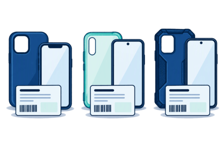 Phone cases paired with matching handset outlines beside simple stock record cards.