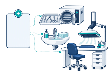 Illustration of a salon service menu linked to sterilised instruments, a handwashing sink and a ventilation hood in a treatment room.