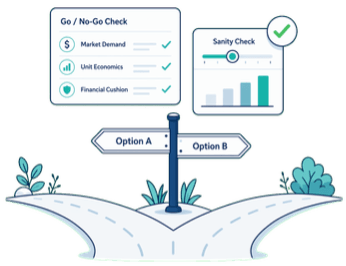 Illustration of a signpost where a path splits into option A and option B, beneath checklist cards.