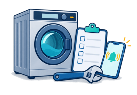 Spot illustration of a task checklist card, a phone and a wrench next to a washing machine.
