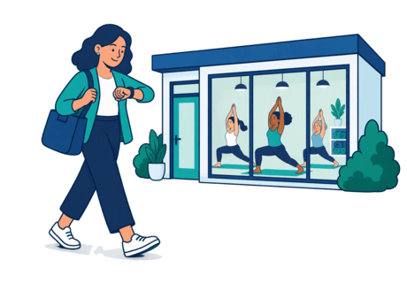 Illustration of a person walking a street route with a watch, next to a small hired room where a few people practise yoga on mats.