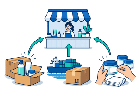 Three paths for cosmetic stock: a local brand box, an imported shipping carton and a plain jar receiving a shop's own label.