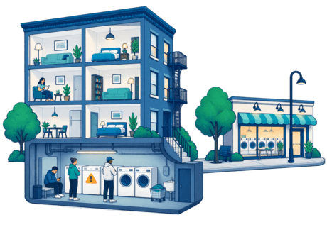 An apartment building cutaway showing a shared laundry room with a busy queue and an out-of-order machine, with a laundromat across the street.