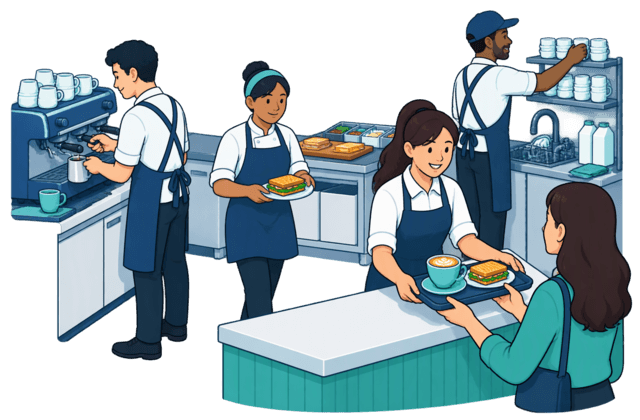 Drink and food preparation meet at one complete-order handover, while milk restocking and washing keep the stations supplied.
