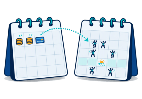 Illustration of two parallel calendars, one showing payment dates and one showing teaching weeks, with money arriving ahead of classes still to be taught.