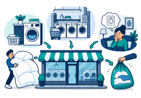 Illustration of residents' laundry options, including an in-suite machine, a shared laundry room, a bulky duvet and a drop-off bag, set beside a neighbourhood laundromat.