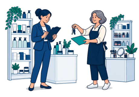 A prospective buyer counting stock and reviewing records with a departing cosmetic shop owner.