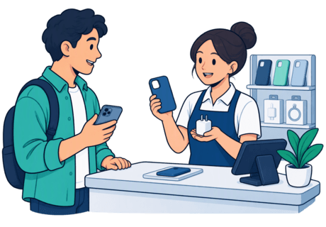 A customer with a phone at a counter where a single fitted case and charger are offered, instead of crowded shelves.