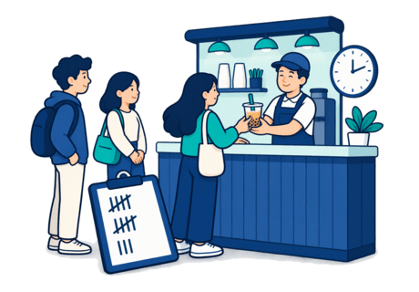 Illustration of a clipboard tally beside a shop counter where a sealed drink is handed to a customer, with a short queue and a wall clock marking a quiet period.