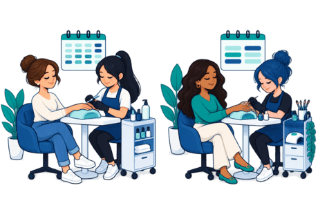 Illustration contrasting a quick routine manicure station with a slower, detailed nail-art appointment, each beside its own appointment calendar.