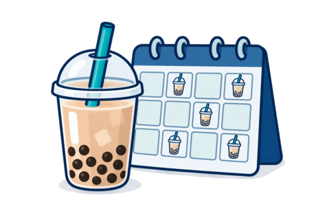 Spot illustration of a bubble tea cup appearing beside several days on a simple calendar, suggesting a routine repeat purchase.