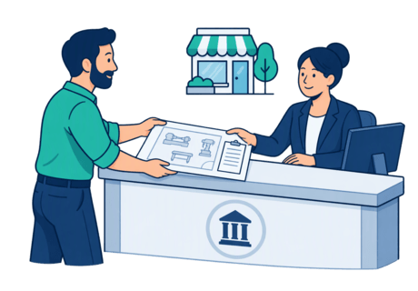 Illustration of a person at a municipal permit counter presenting a floor plan and a written operating plan for a shopfront.