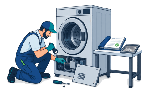 A technician examining an older commercial washer beside a folder of service invoices and maintenance records.