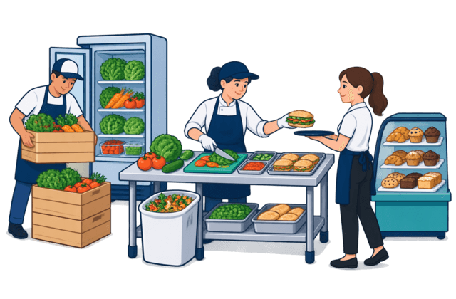 Cafe workers move ingredients from delivery and storage to prepared portions and a finished sandwich, with food scraps and unsold pastries also visible.