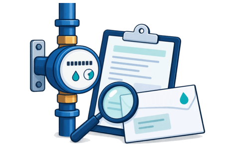 Illustration of a water meter on a basement pipe next to a lease document and a utility bill.