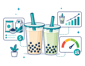 Bubble tea cups with pearls beside a sales chart and margin gauge