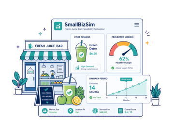 A Fresh Juice Bar feasibility illustration with demand, margin and payback cues
