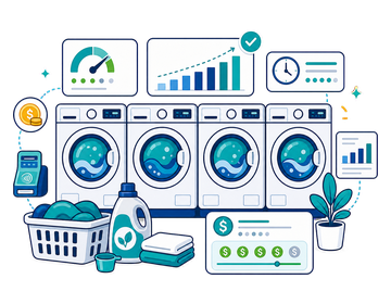 A row of laundromat washing machines with a utilisation gauge