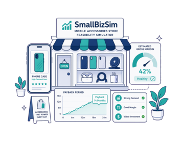A Mobile Accessories Store feasibility illustration with demand, margin and payback cues