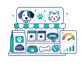 A pet supplies store motif with a pet face, service card and payback gauge