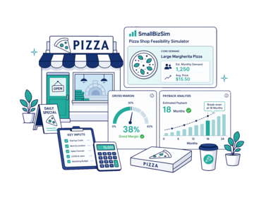 A Pizza Shop feasibility illustration with demand, margin and payback cues