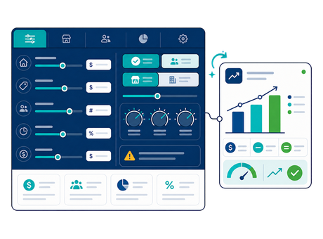 A control panel of sliders and inputs feeding a live revenue, cost and profit chart