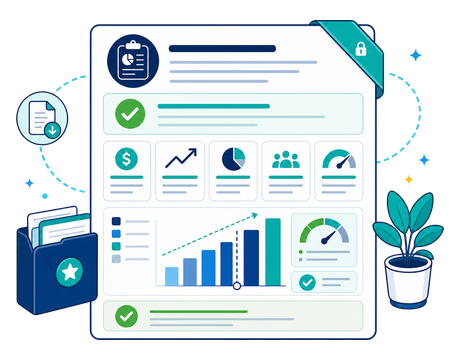 A polished feasibility report preview with a verdict badge, KPIs and a snapshot chart