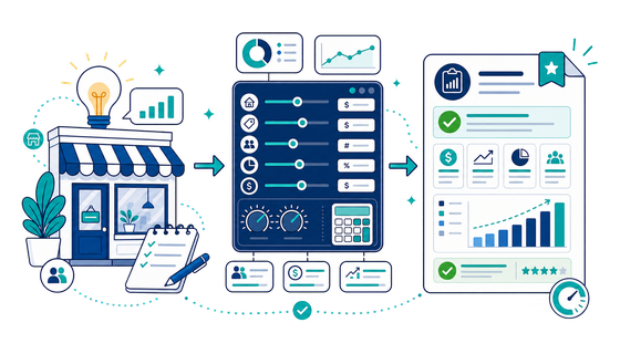 A left-to-right flow from a business idea to an assumptions panel to a finished feasibility report