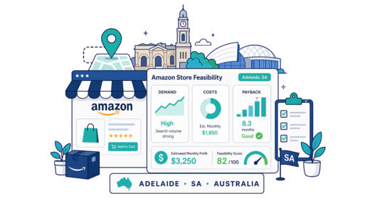 Amazon Online Store planning illustration for Adelaide with a map pin and feasibility dashboard