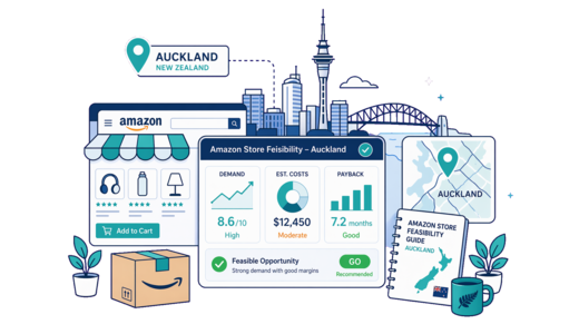 Amazon Online Store planning illustration for Auckland with a map pin and feasibility dashboard