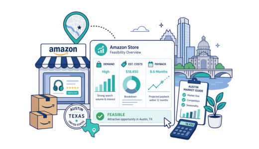 Amazon Online Store planning illustration for Austin with a map pin and feasibility dashboard