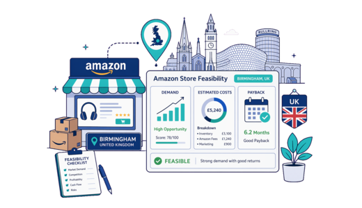Amazon Online Store planning illustration for Birmingham with a map pin and feasibility dashboard