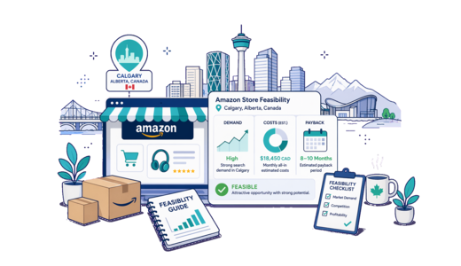 Amazon Online Store planning illustration for Calgary with a map pin and feasibility dashboard
