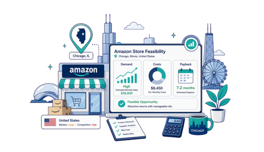 Amazon Online Store planning illustration for Chicago with a map pin and feasibility dashboard