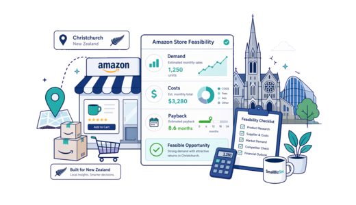 Amazon Online Store planning illustration for Christchurch with a map pin and feasibility dashboard