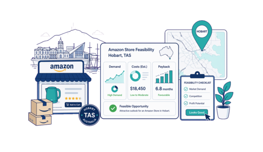 Amazon Online Store planning illustration for Hobart with a map pin and feasibility dashboard