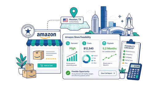 Amazon Online Store planning illustration for Houston with a map pin and feasibility dashboard
