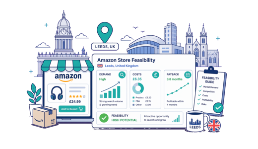 Amazon Online Store planning illustration for Leeds with a map pin and feasibility dashboard