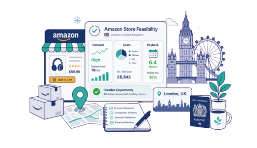 Amazon Online Store planning illustration for London with a map pin and feasibility dashboard