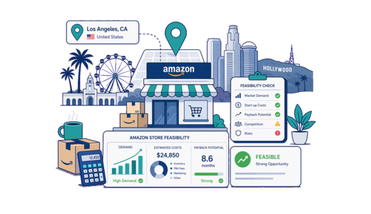 Amazon Online Store planning illustration for Los Angeles with a map pin and feasibility dashboard
