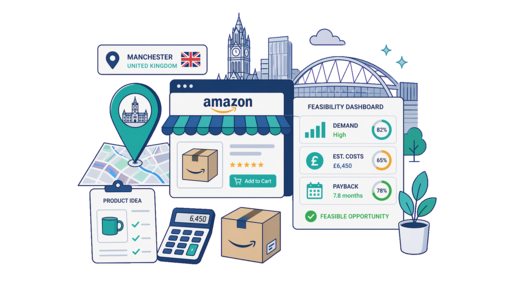 Amazon Online Store planning illustration for Manchester with a map pin and feasibility dashboard
